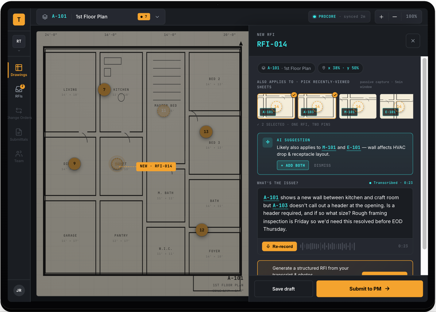 Tratis plan viewer showing RFI pins on a floor plan with the creation panel open
